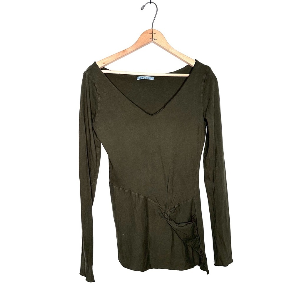 Velvet by Graham and Spencer Green Long Sleeve V-neck Knot front Top Size Large